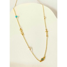 Κολιέ Σε Κίτρινο Χρυσό 9Κ - Μάτι, μαργαριτάρια, άπειρο, σταυρός και γαλάζια χάντρα (N254)